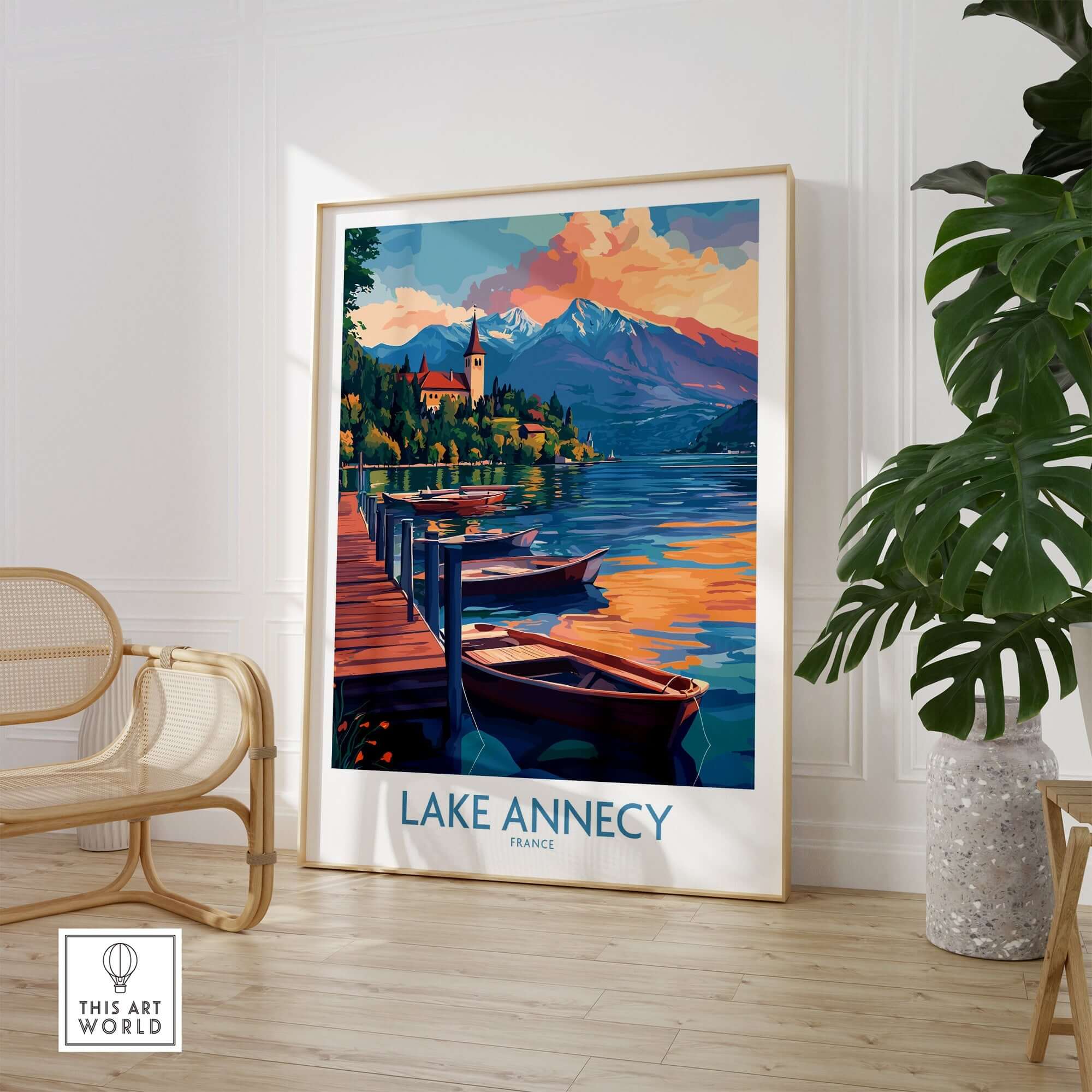Lake Annecy Wall Art Print featuring vibrant colors of the serene lake and mountains in France.