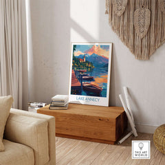 Lake Annecy Wall Art Print showcasing serene lake views and vibrant colors in a cozy interior setting.