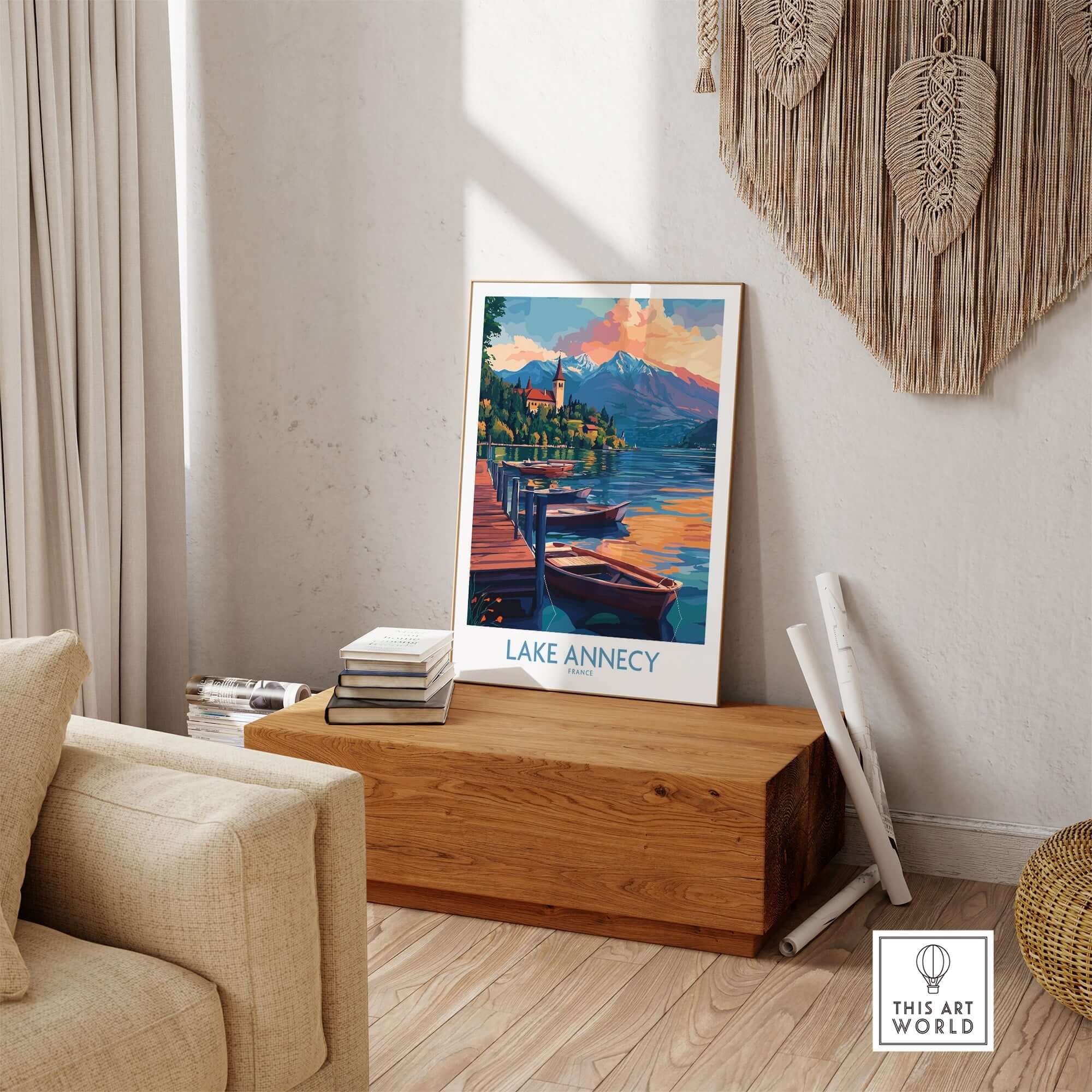 Lake Annecy Wall Art Print showcasing serene lake views and vibrant colors in a cozy interior setting.