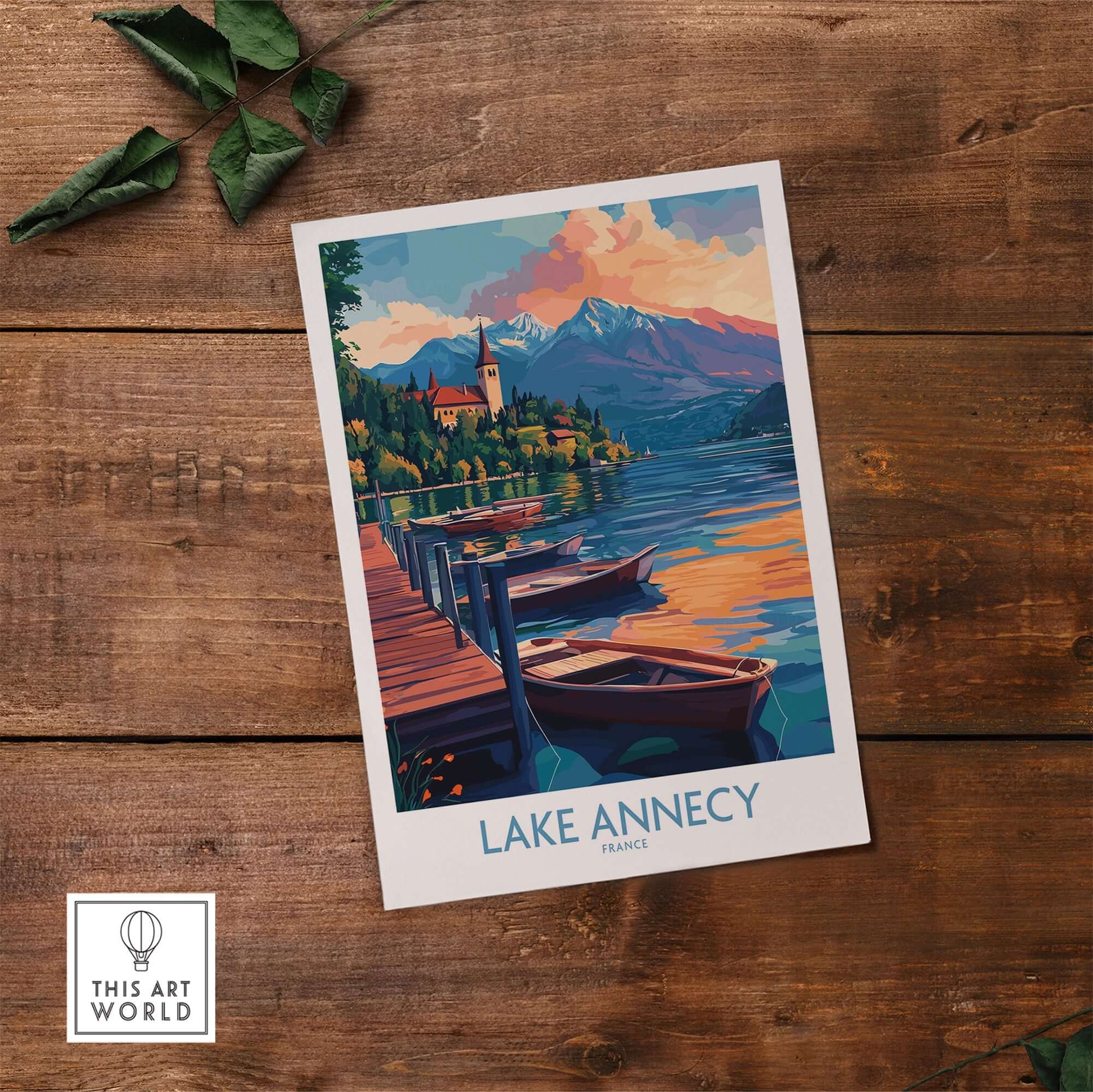 Lake Annecy Wall Art Print featuring beautiful scenery of boats and mountains in France.