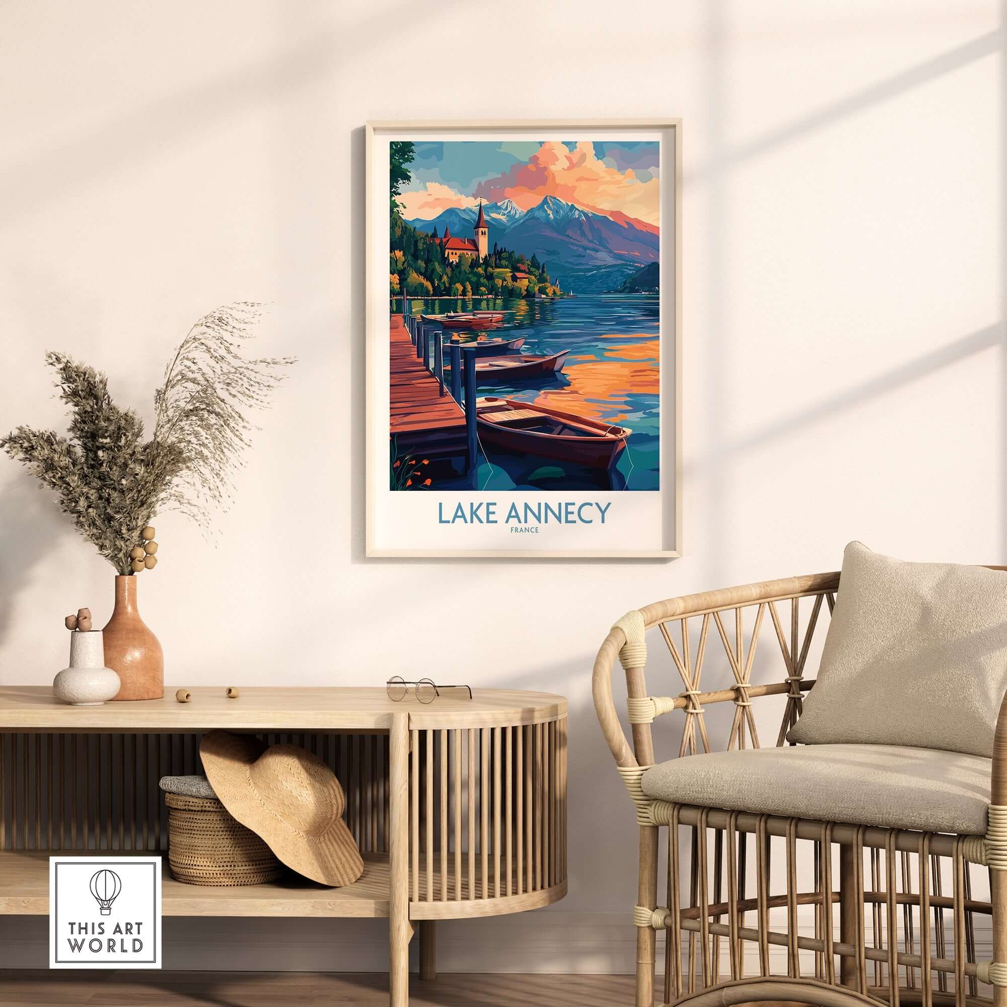 Lake Annecy Wall Art Print displayed in a stylish living room setting, showcasing vibrant colors and serene landscape.