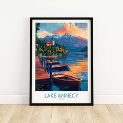 Lake Annecy Wall Art Print featuring vibrant scenery of Lake Annecy, France with boats and mountains.