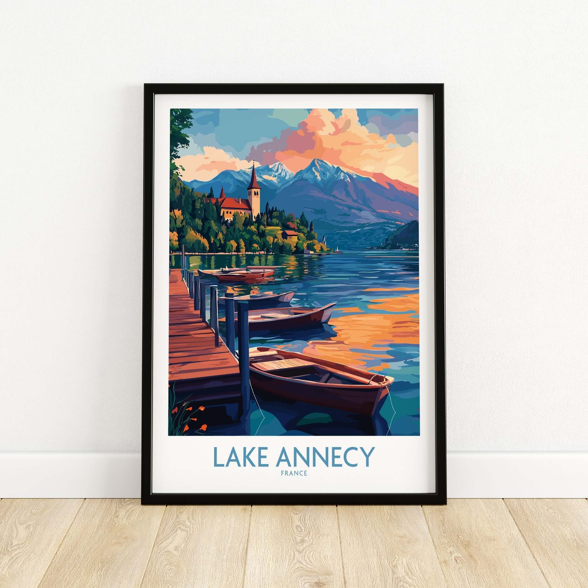 Lake Annecy Wall Art Print featuring vibrant scenery of Lake Annecy, France with boats and mountains.
