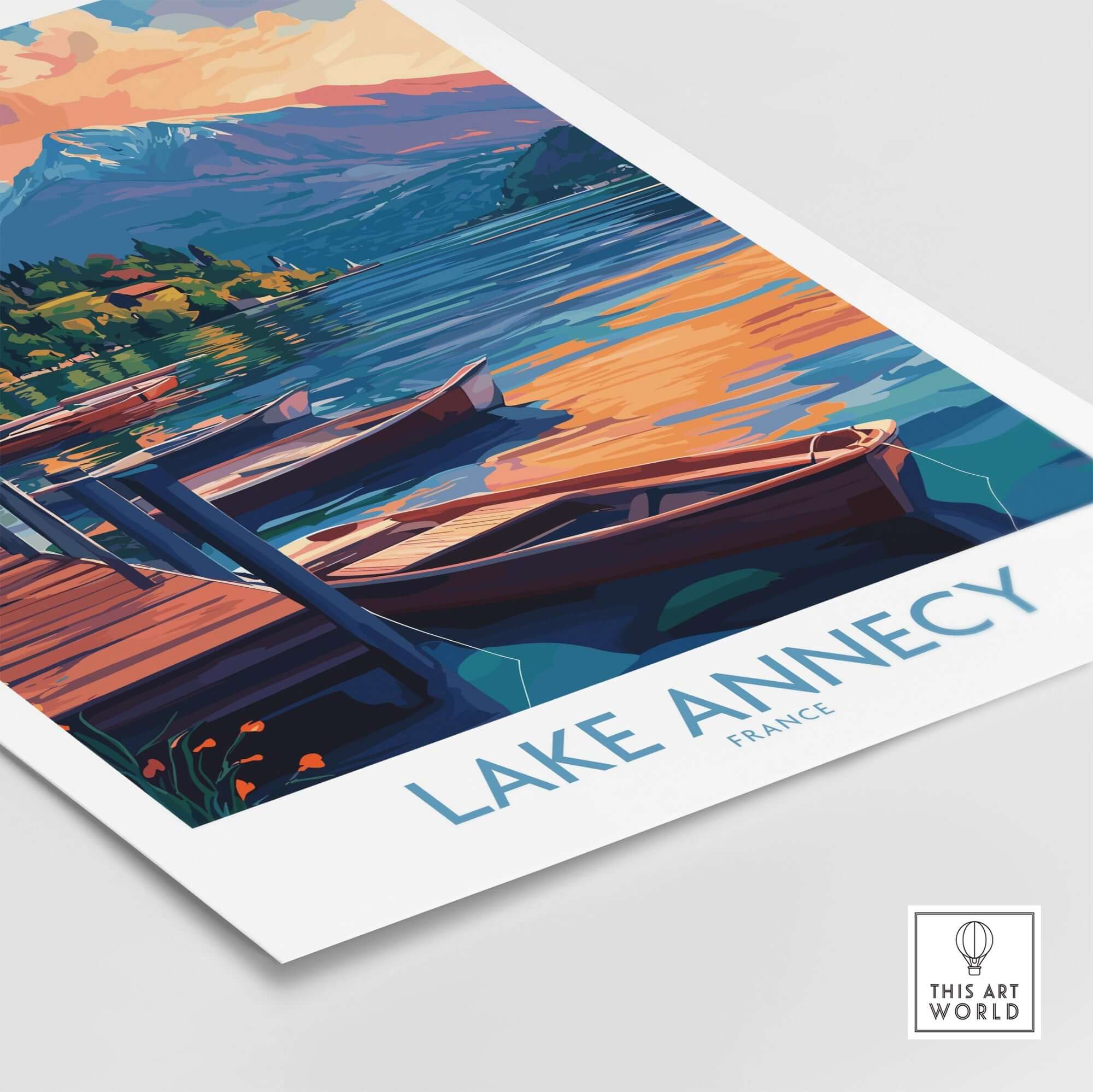 Lake Annecy Wall Art Print featuring vibrant colors and scenic views of Lake Annecy in France.