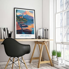 Lake Annecy Wall Art Print displayed in a stylish home office with a serene view of Lake Annecy.