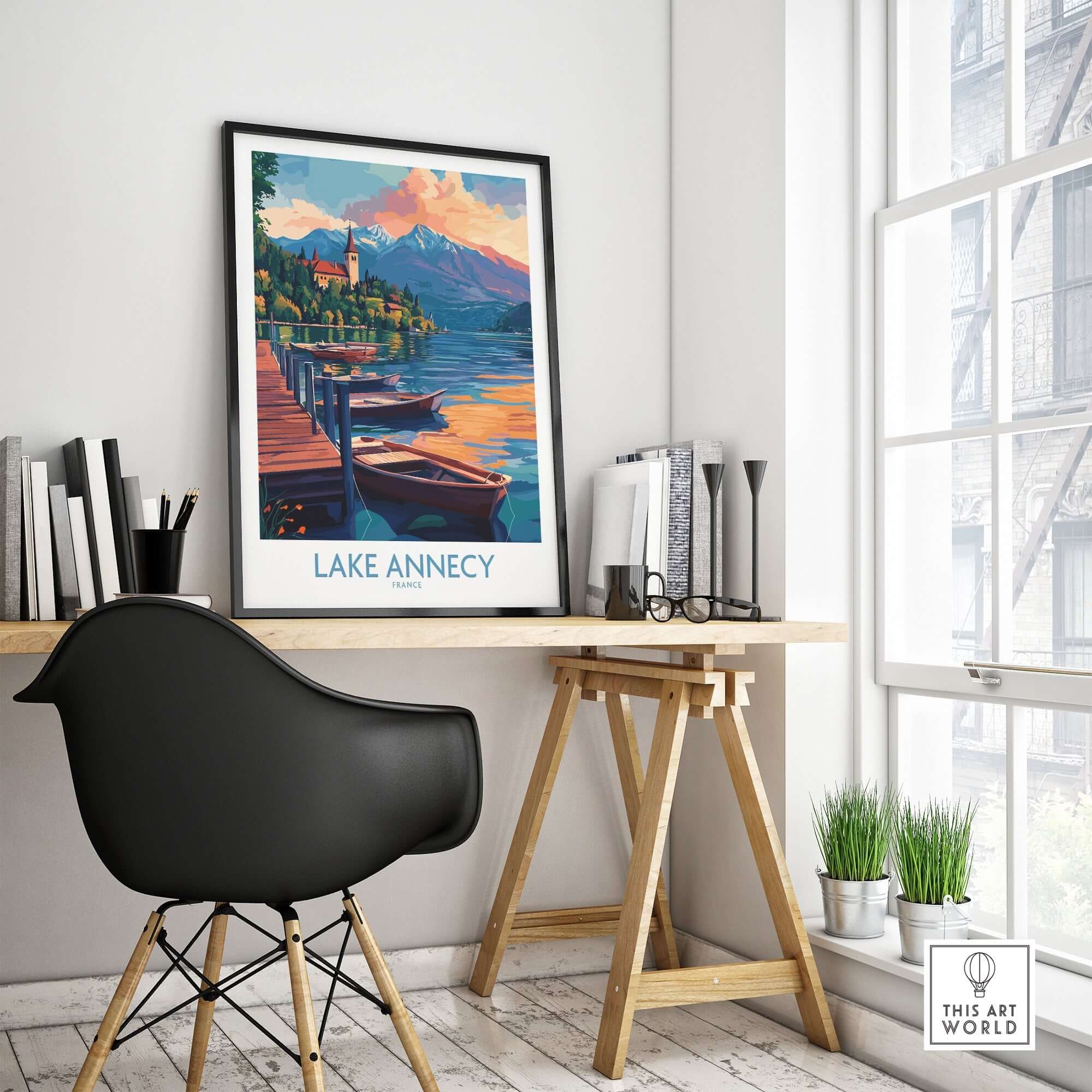 Lake Annecy Wall Art Print displayed in a stylish home office with a serene view of Lake Annecy.