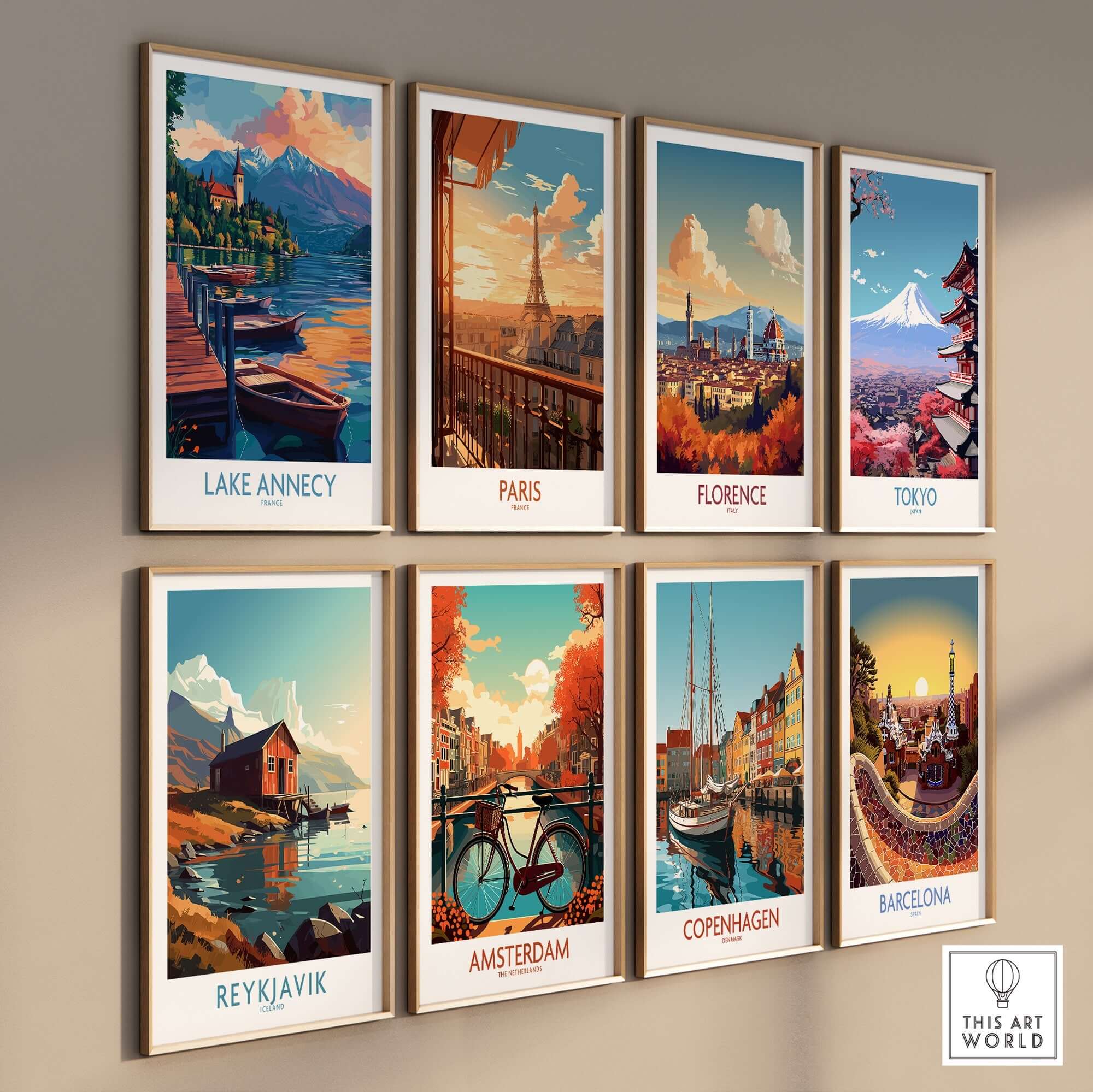 Lake Annecy Wall Art Print showcasing vibrant landscapes and famous destinations on a gallery wall.