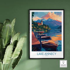 Colorful Lake Annecy Wall Art Print featuring boats and mountains in a serene landscape.