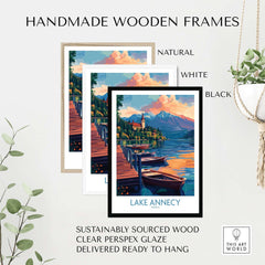 Lake Annecy Wall Art Print displayed in handmade wooden frames in natural, white, and black options.