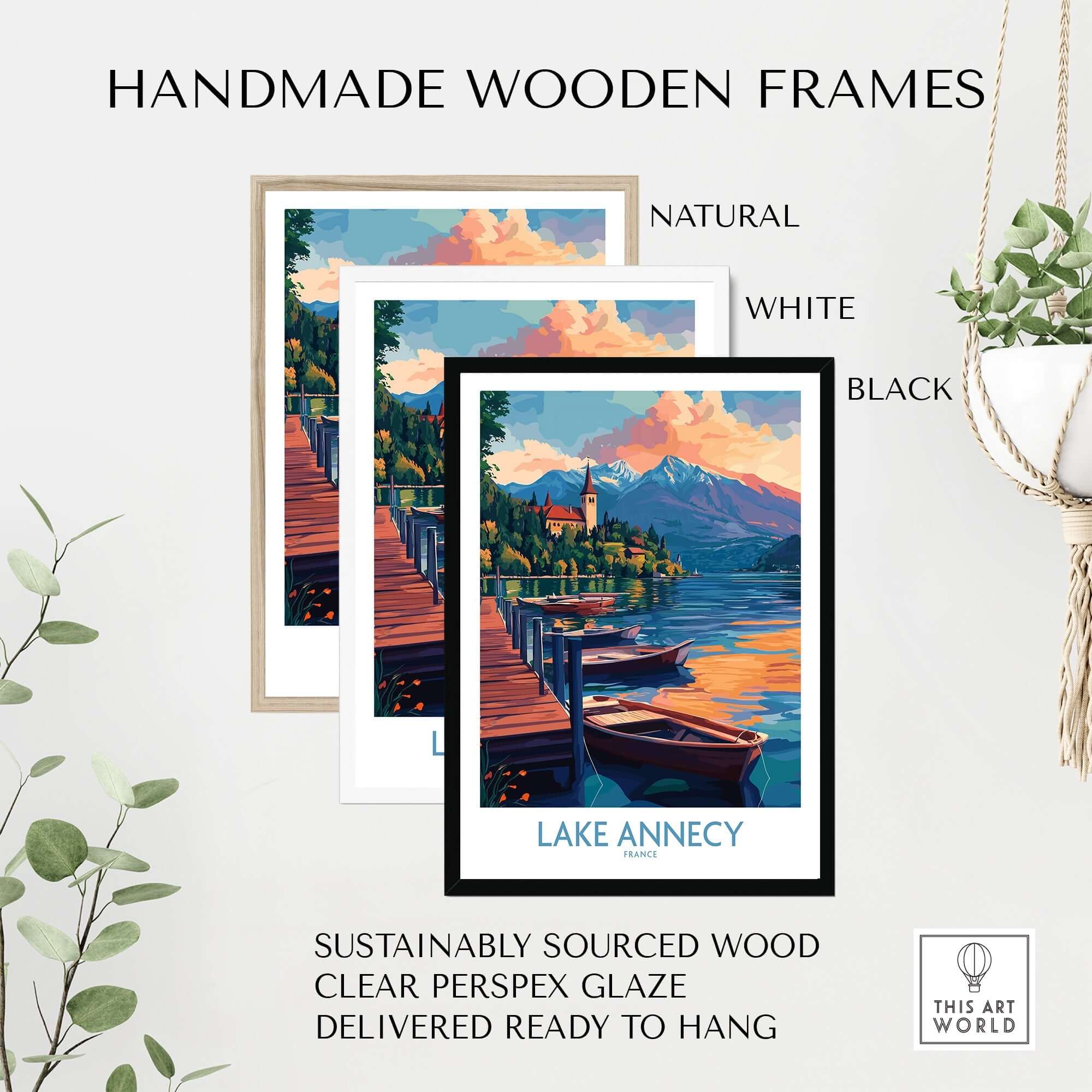 Lake Annecy Wall Art Print displayed in handmade wooden frames in natural, white, and black options.