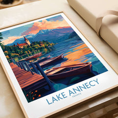 Lake Annecy Wall Art Print showcasing vibrant views of boats and mountains in France.