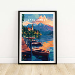 Lake Annecy Wall Art showcasing a vibrant view of the lake, boats, and mountains, perfect for home decor.