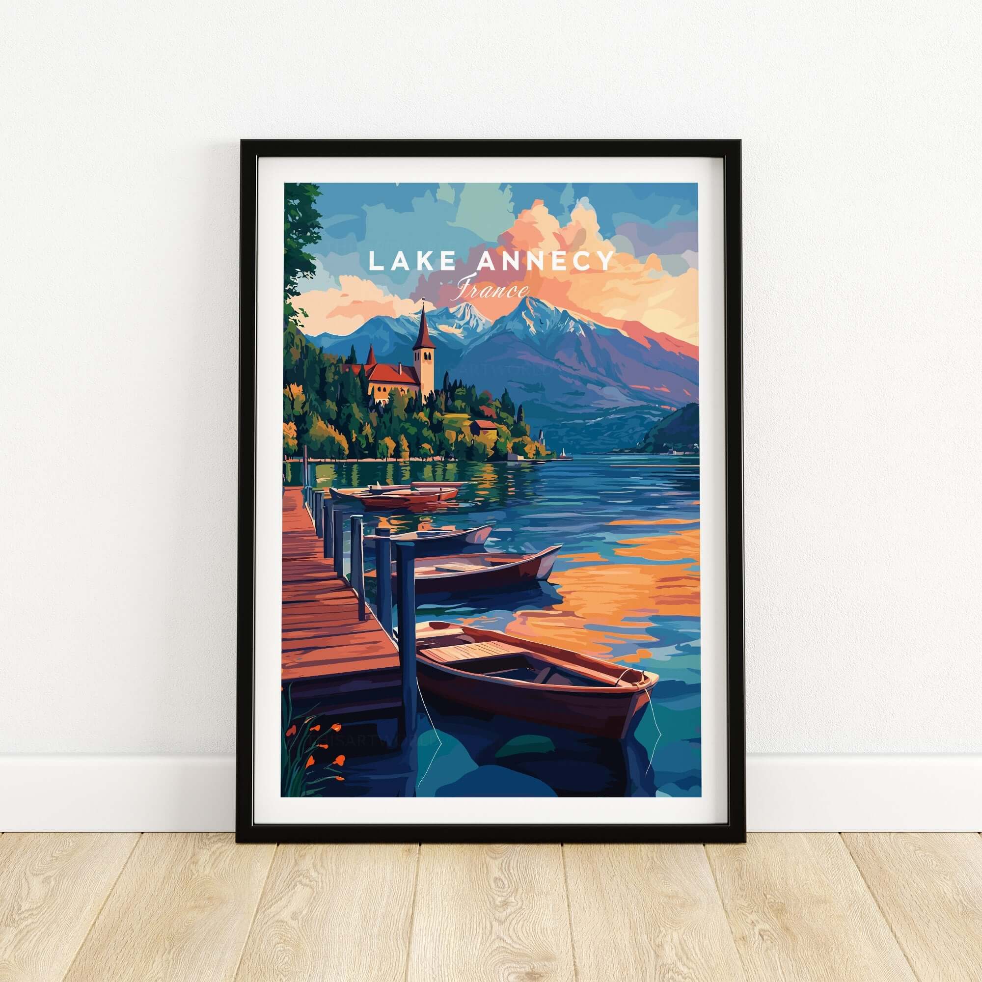 Lake Annecy Wall Art showcasing a vibrant view of the lake, boats, and mountains, perfect for home decor.
