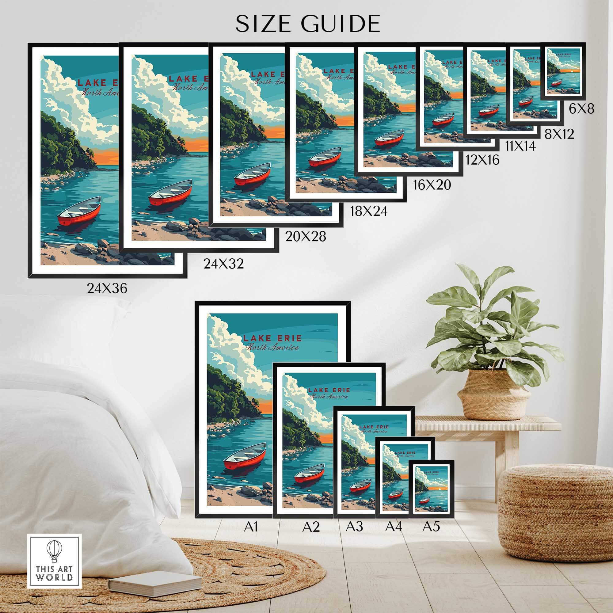 Lake Erie Poster - Great Lakes size guide showcasing various print sizes and framing options.