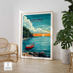 Lake Erie Poster - Great Lakes vibrant depiction of lake scenery with sunset and boat, perfect for home decor.