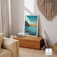 Lake Erie Poster - Great Lakes displayed in a cozy room, showcasing a serene lake view and vibrant colors.