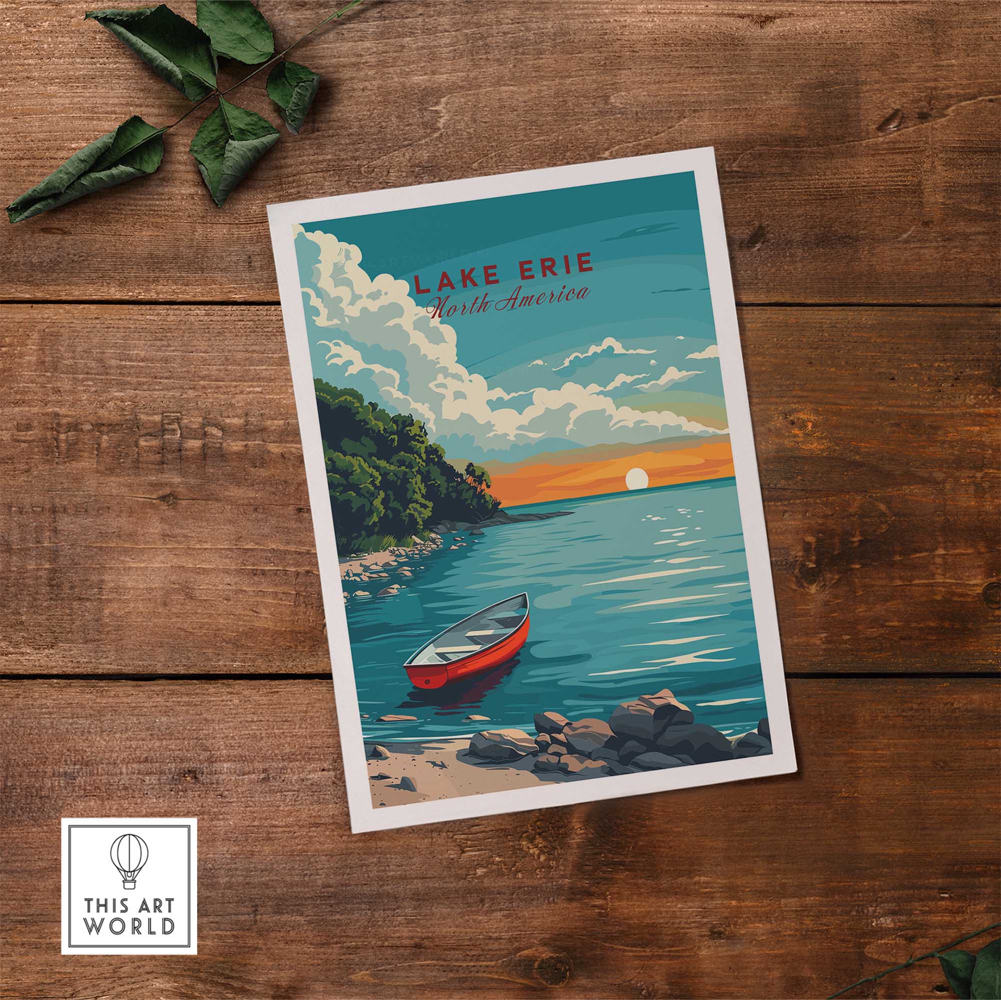 Lake Erie Poster - Great Lakes depicting a serene lake view with a red boat and sunset over the water.