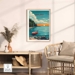 Lake Erie Poster - Great Lakes showcasing picturesque lake scenery with a boat at sunset.
