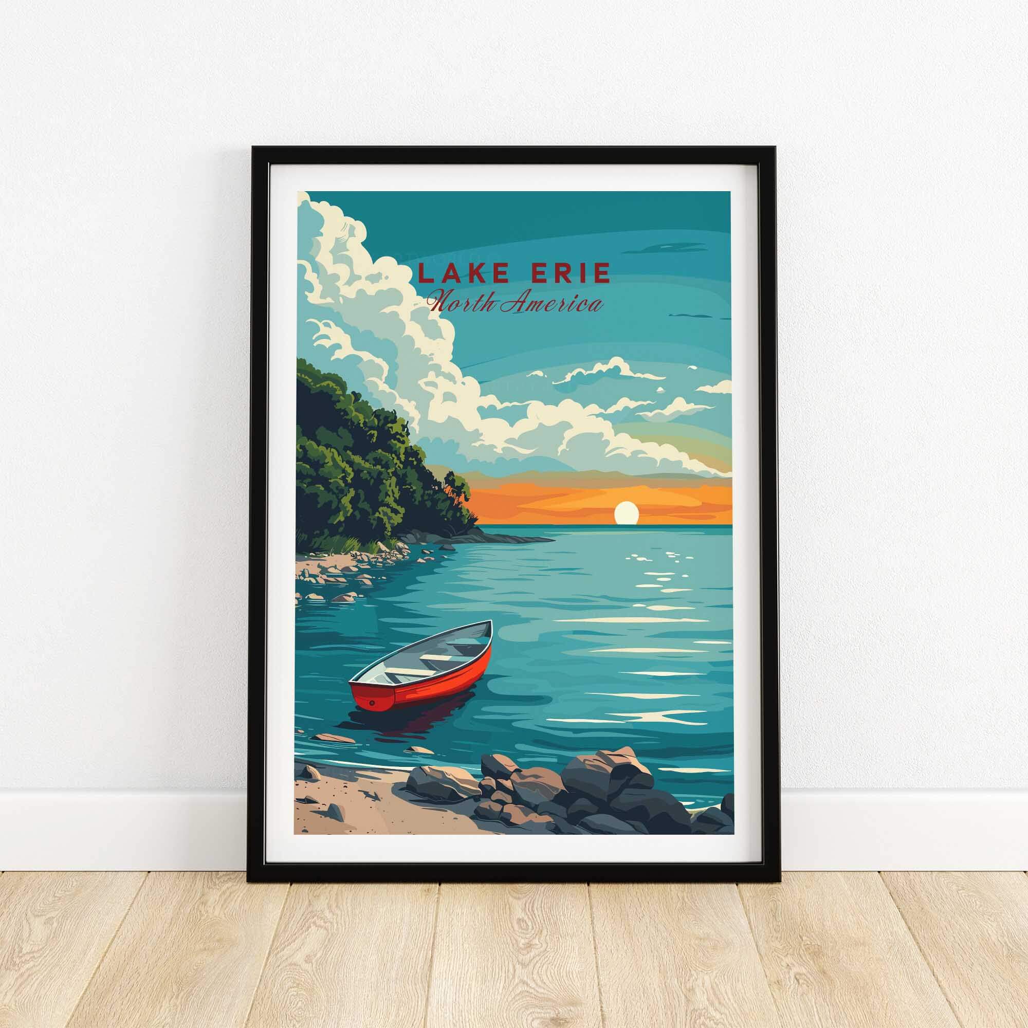Lake Erie Poster - Great Lakes showcasing a serene lakeside view with a red boat and sunset.