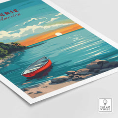 Lake Erie Poster - Great Lakes featuring a serene lakeside view with a red boat and sunset.