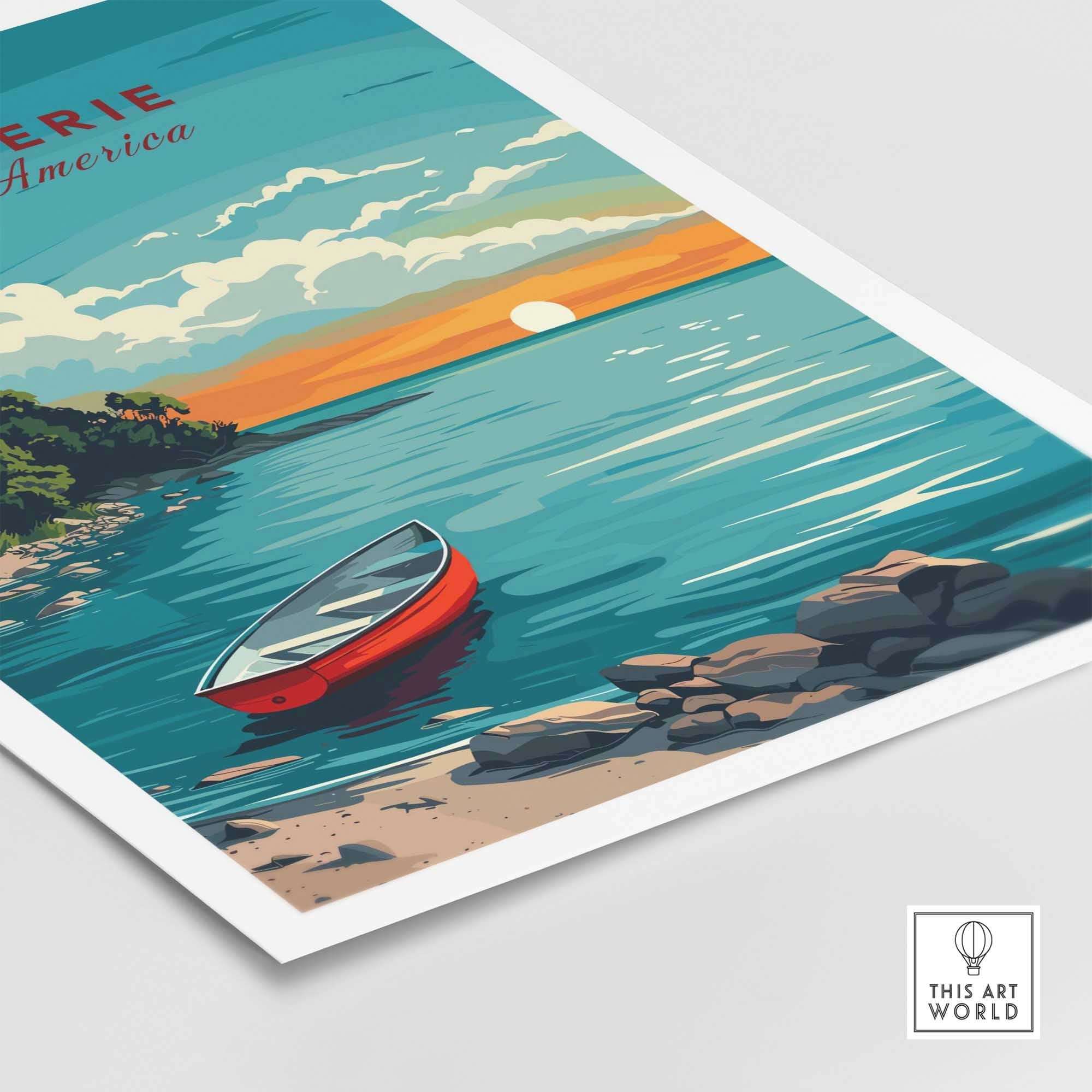 Lake Erie Poster - Great Lakes featuring a serene lakeside view with a red boat and sunset.