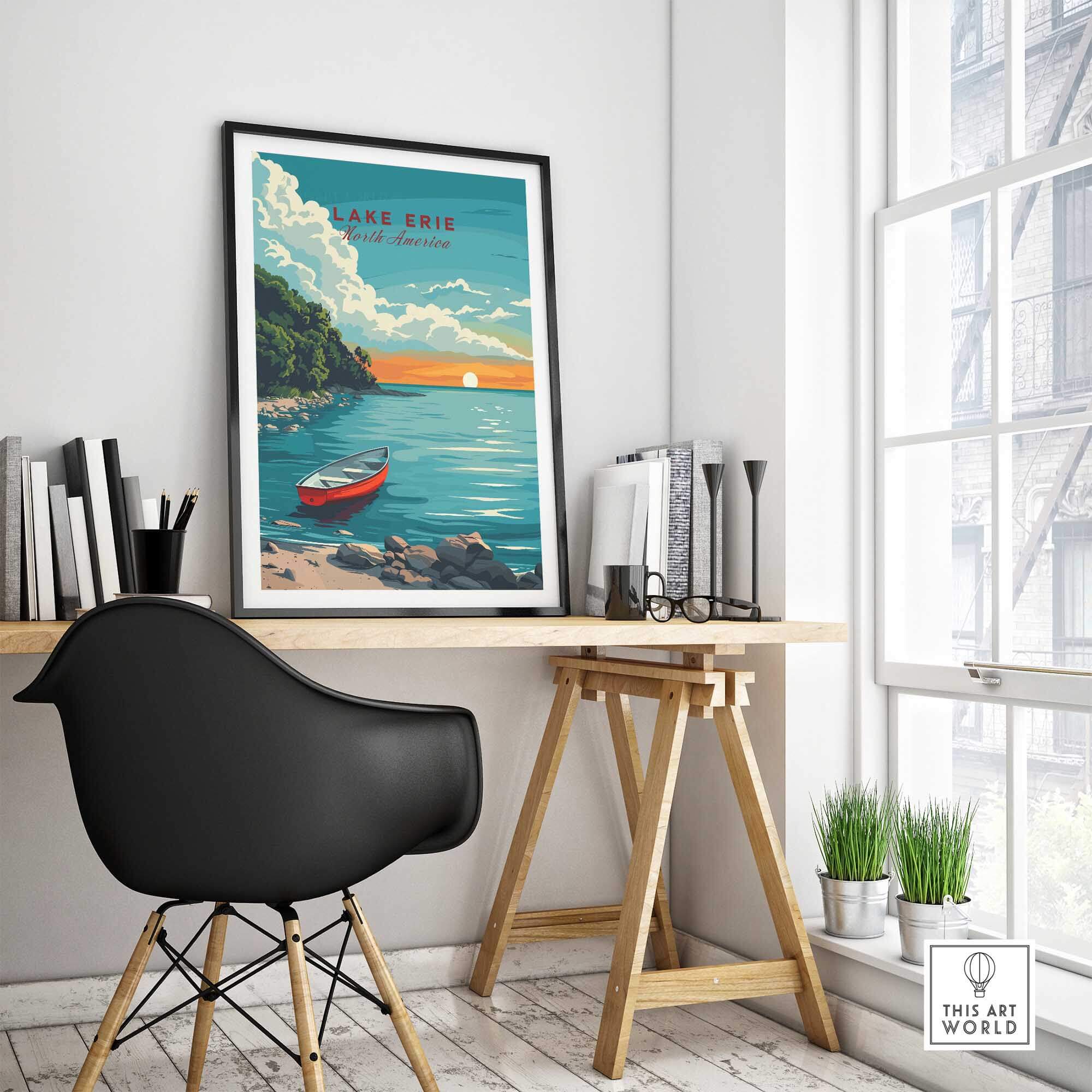 Lake Erie Poster - Great Lakes displayed in a modern workspace with a scenic lake view.