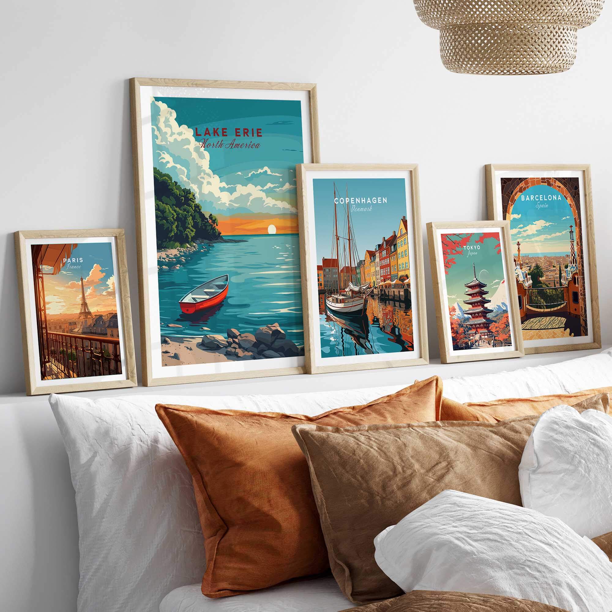 Lake Erie Poster - Great Lakes displayed among travel prints in a stylish living room setting.