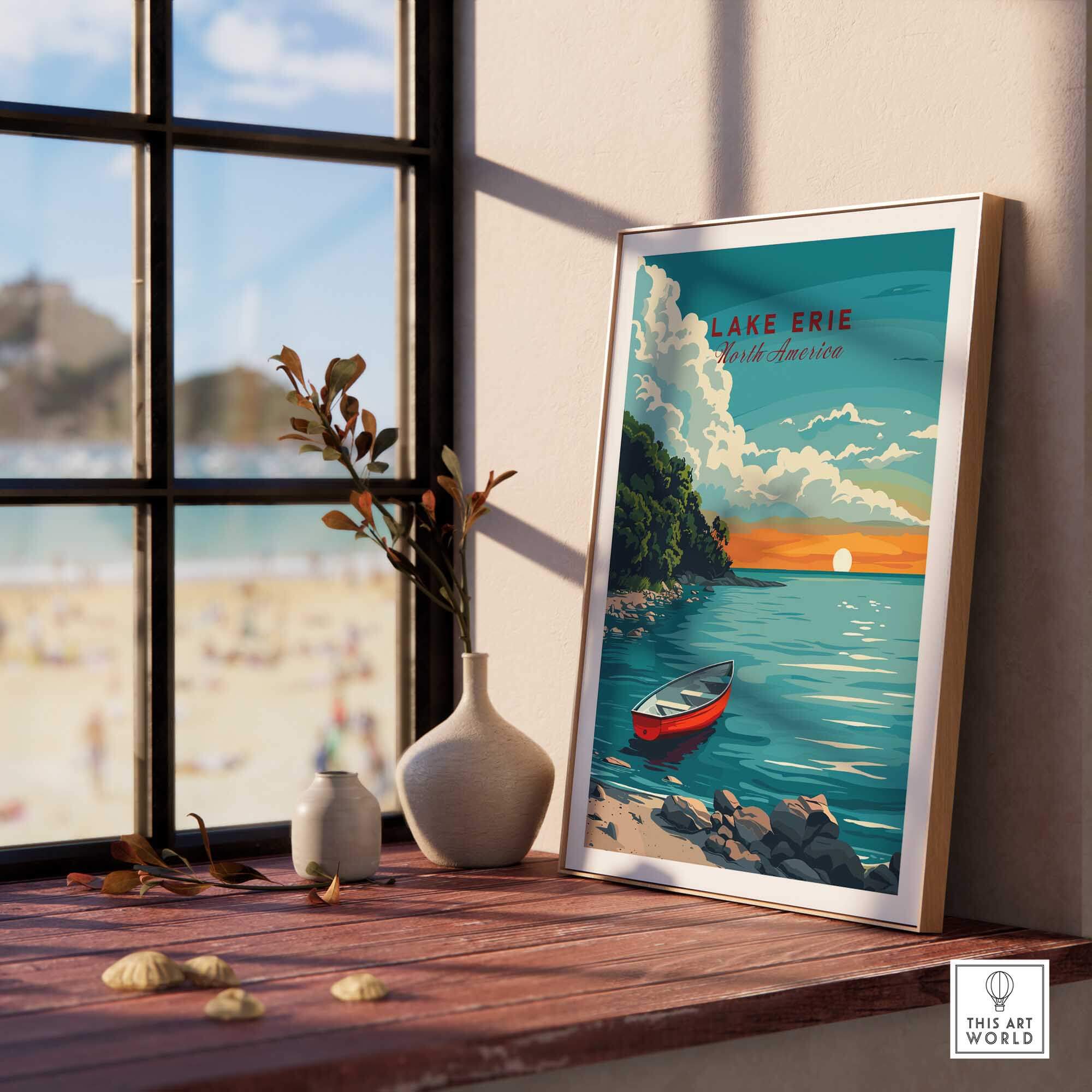 Lake Erie Poster - Great Lakes framed print with a scenic view and boat by a window