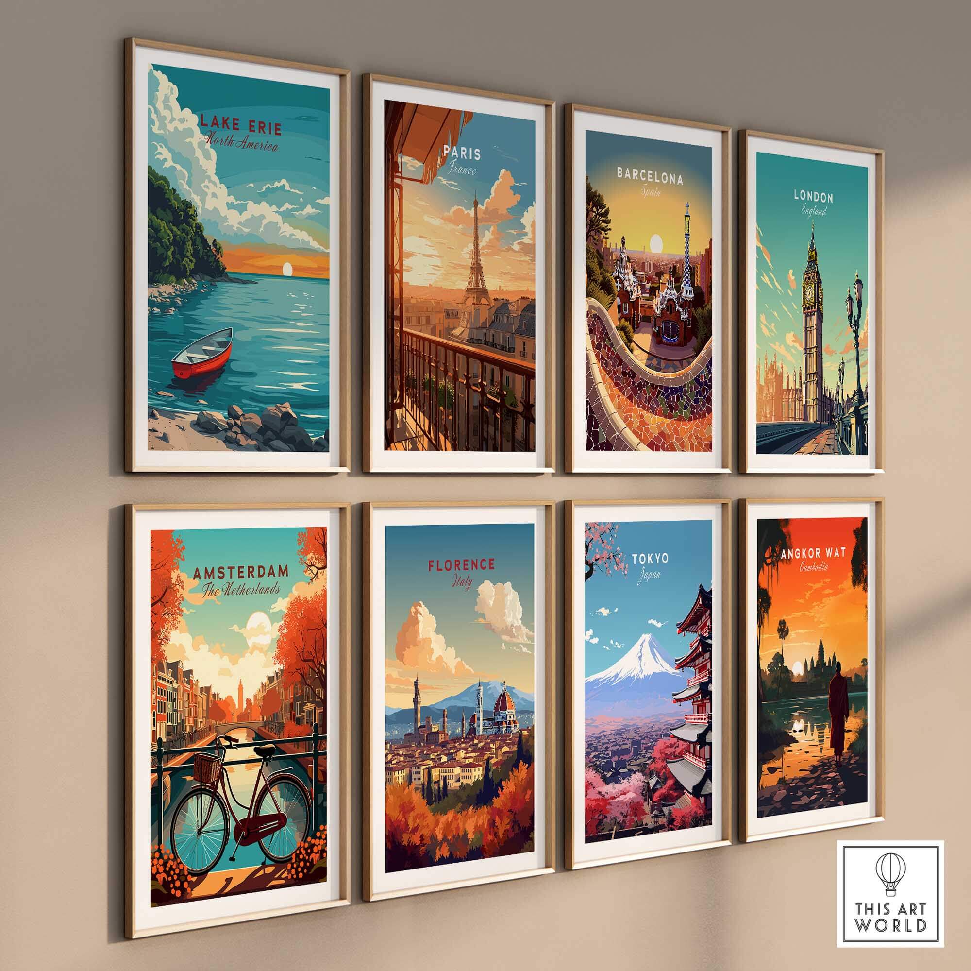 Lake Erie Poster - Great Lakes and travel-themed artwork in a gallery wall display.