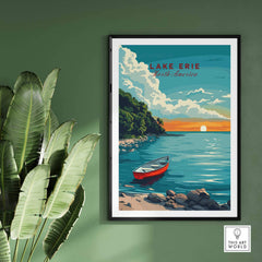 Lake Erie Poster - Great Lakes displaying a vibrant lake scene with a boat and sunset.