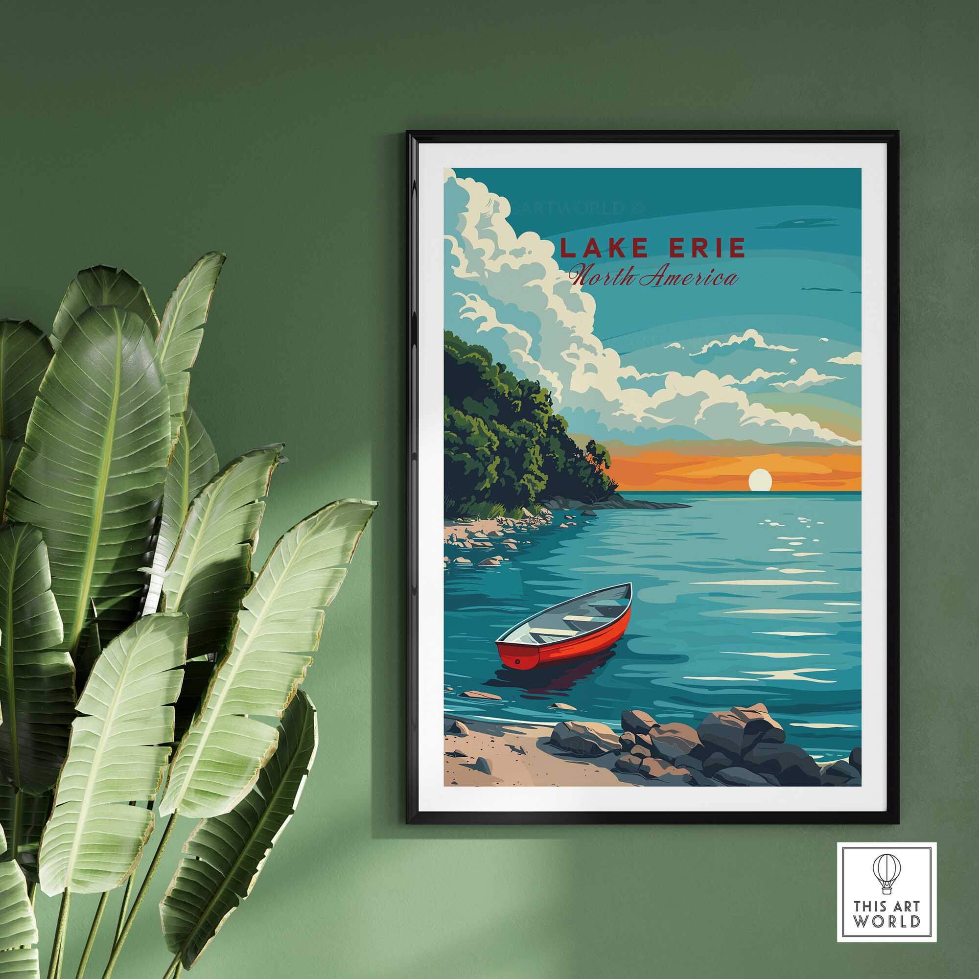 Lake Erie Poster - Great Lakes displaying a vibrant lake scene with a boat and sunset.