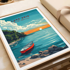 Lake Erie Poster - Great Lakes, showcasing a serene lakeside view with a red boat at sunset.