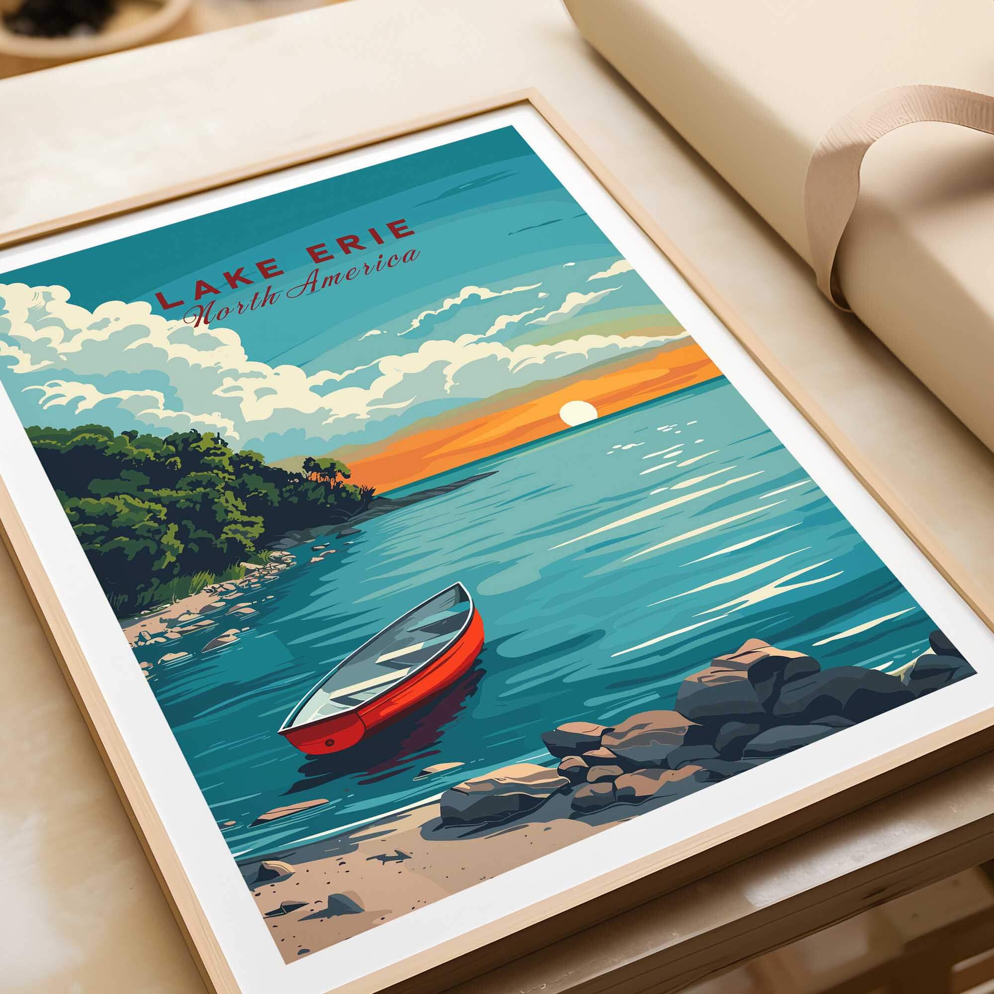 Lake Erie Poster - Great Lakes, showcasing a serene lakeside view with a red boat at sunset.