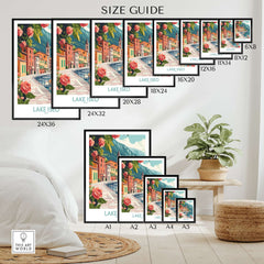 Size guide for Lake Iseo Art Print Italy showcasing various frame sizes and designs.