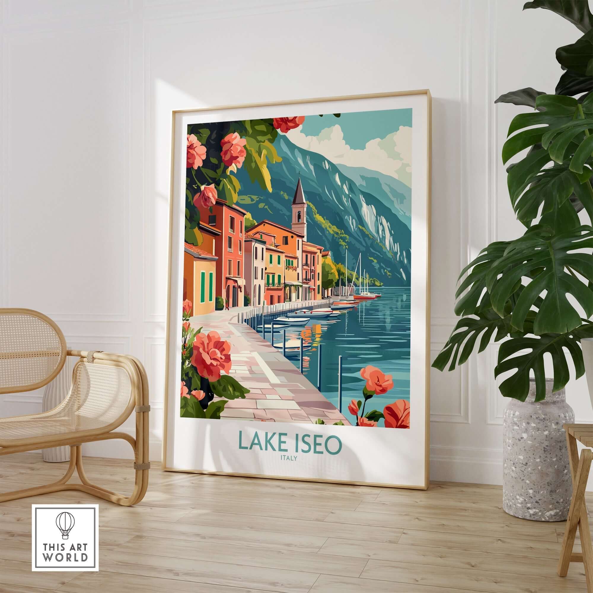 Lake Iseo Art Print Italy displayed on a wall with vibrant colors depicting the serene lakeside scenery.