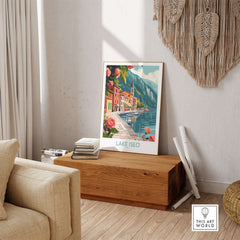 Lake Iseo Art Print Italy displayed in a cozy room, capturing the beauty of the serene Italian lake.