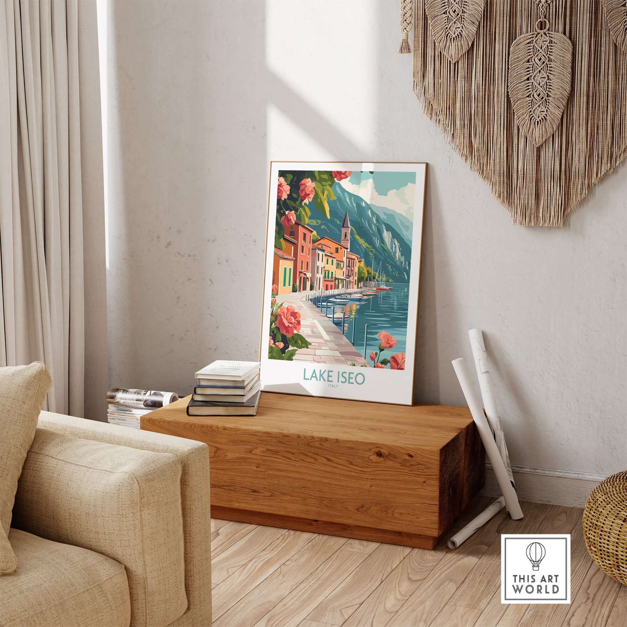 Lake Iseo Art Print Italy displayed in a cozy room, capturing the beauty of the serene Italian lake.