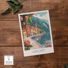 Lake Iseo Art Print Italy featuring vibrant colors of the lake and town, capturing Italy's serene beauty.