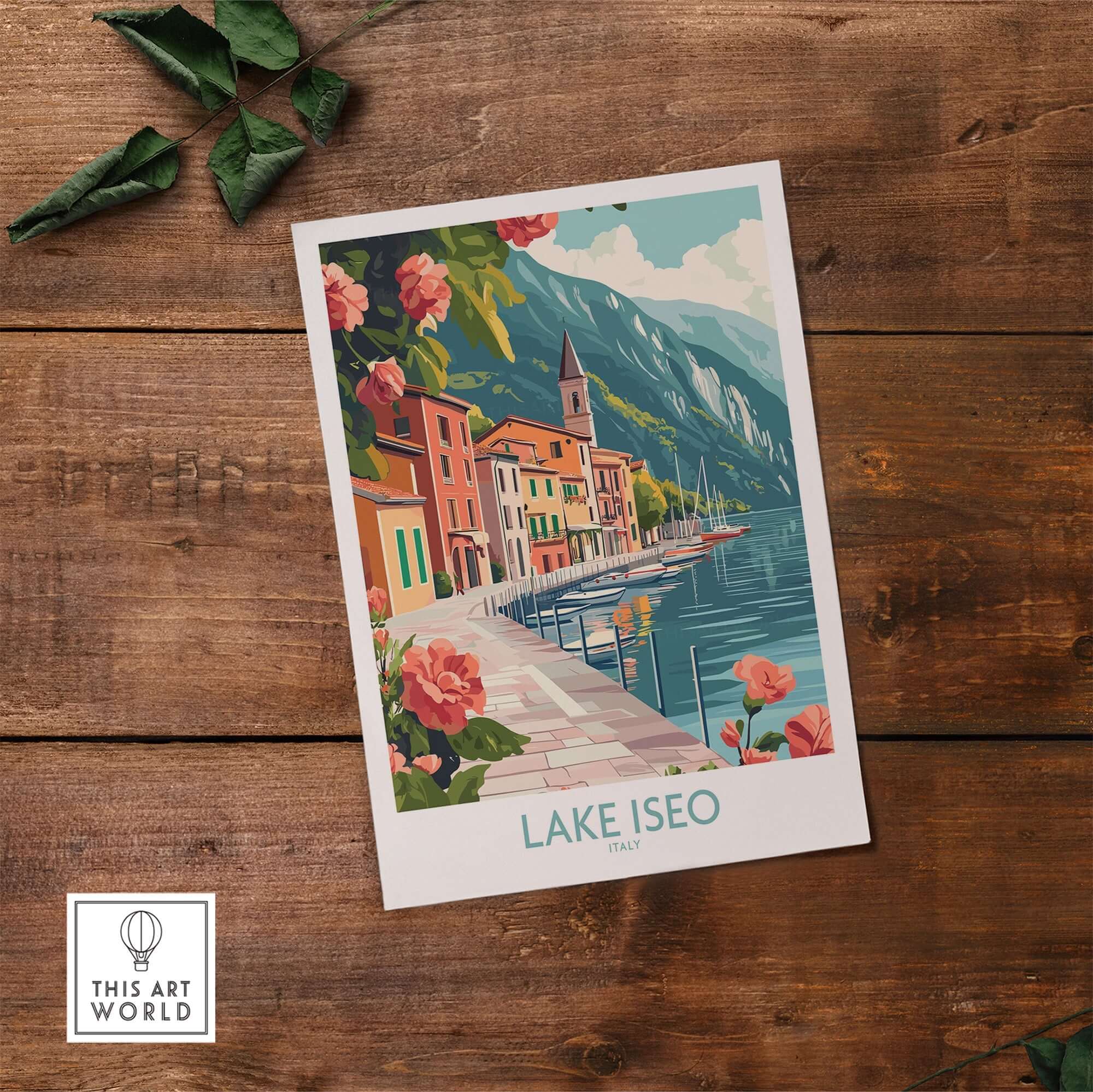 Lake Iseo Art Print Italy featuring vibrant colors of the lake and town, capturing Italy's serene beauty.