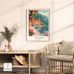 Lake Iseo Art Print Italy framed on a wall, showcasing scenic view and vibrant colors, perfect for home decor.