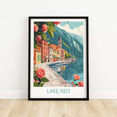 Lake Iseo Art Print Italy featuring vibrant flowers and colorful buildings along the serene waters.