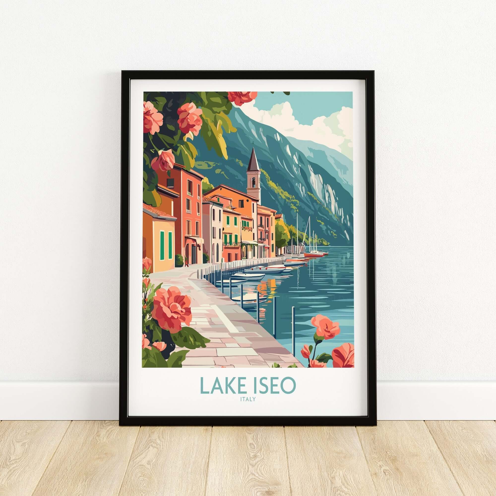 Lake Iseo Art Print Italy featuring vibrant flowers and colorful buildings along the serene waters.