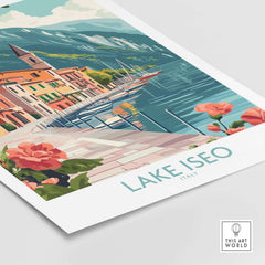 Lake Iseo Art Print Italy showcasing serene waters and vibrant flowers for elegant home decor.