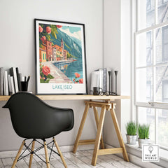 Lake Iseo Art Print Italy displayed in a modern home office setting with a stylish black chair.
