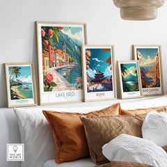 Lake Iseo Art Print Italy displayed among other travel posters in a stylish home decor setting.