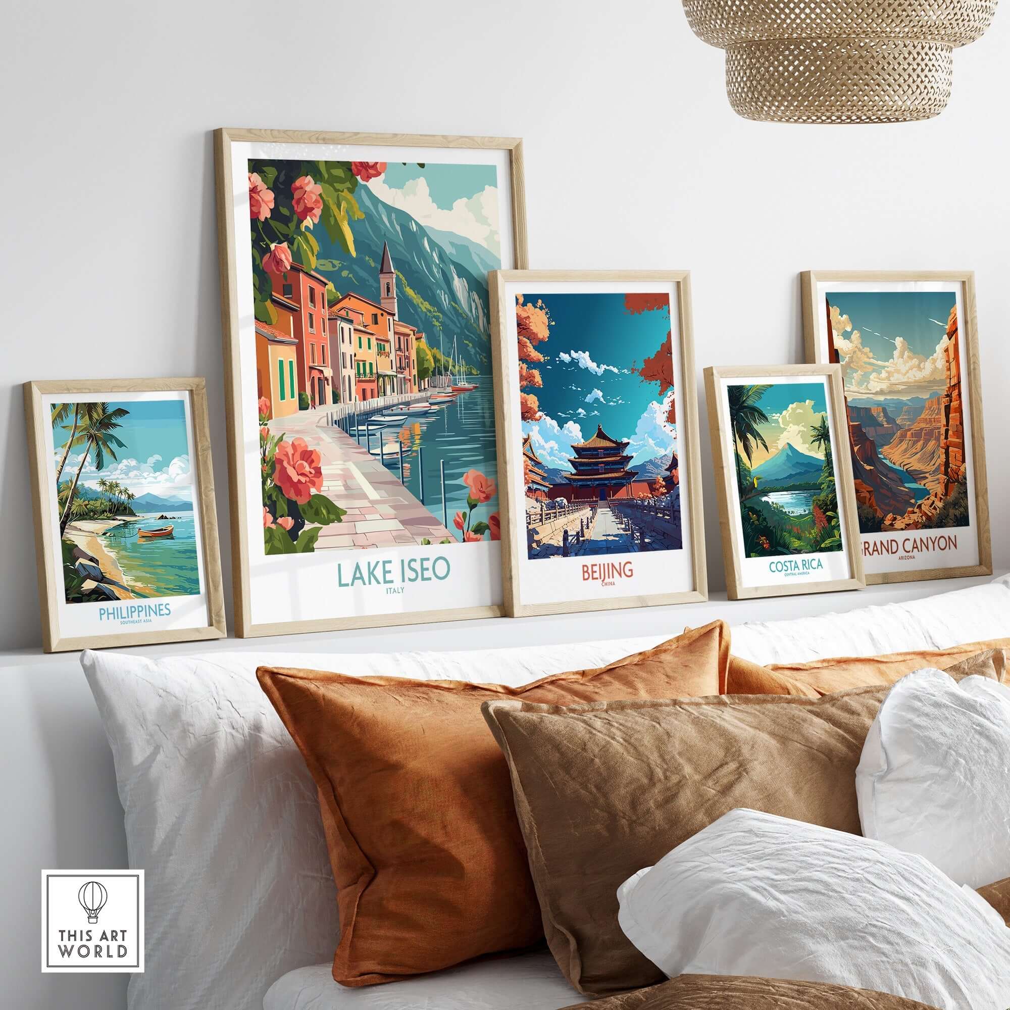 Lake Iseo Art Print Italy displayed among other travel posters in a stylish home decor setting.