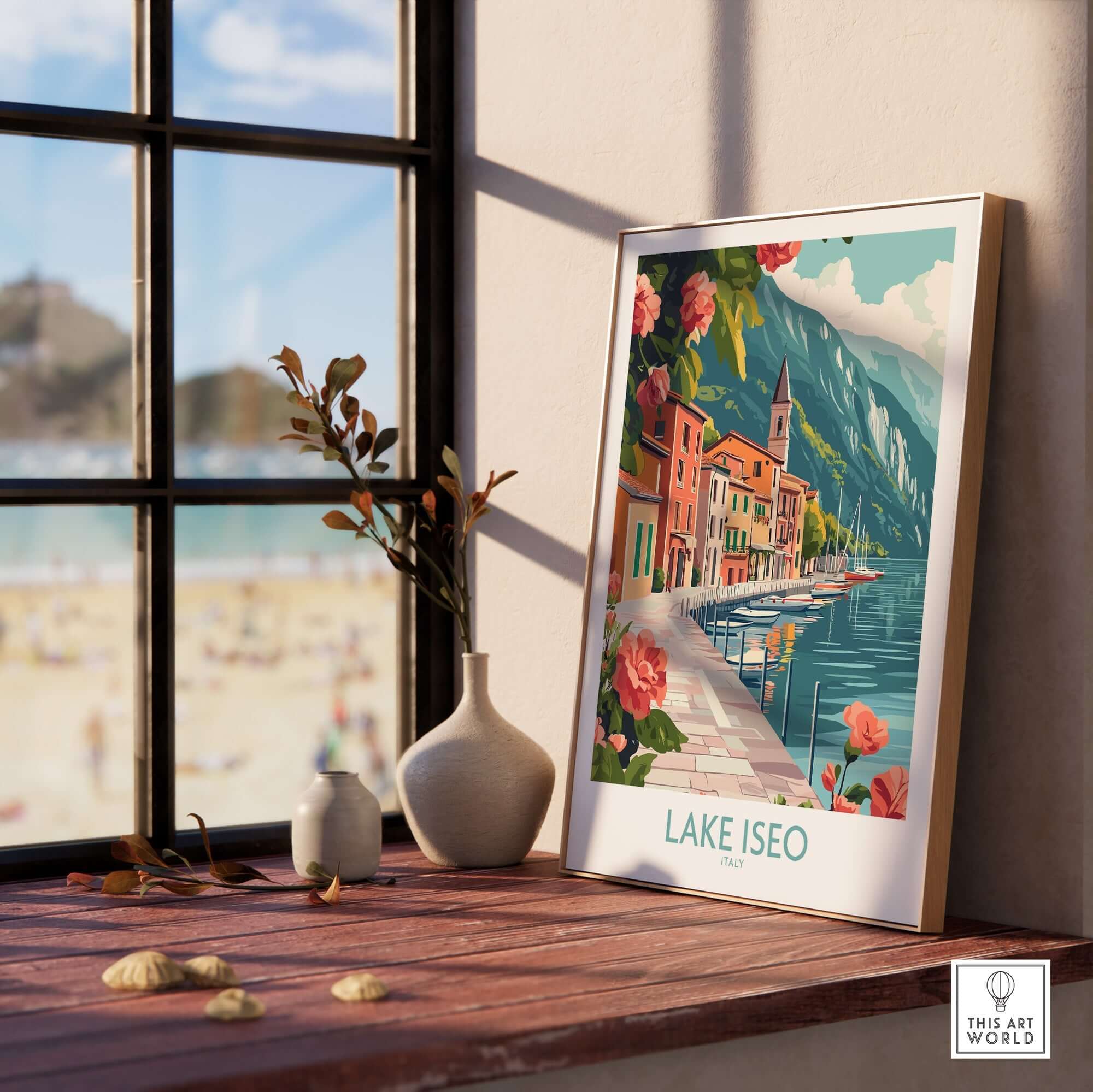 Lake Iseo Art Print Italy displayed on a wooden shelf with a sunny view outside, showcasing vibrant colors and scenic beauty.
