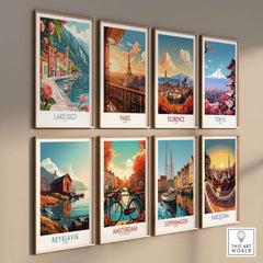 Lake Iseo Art Print Italy displayed among travel posters from various cities.