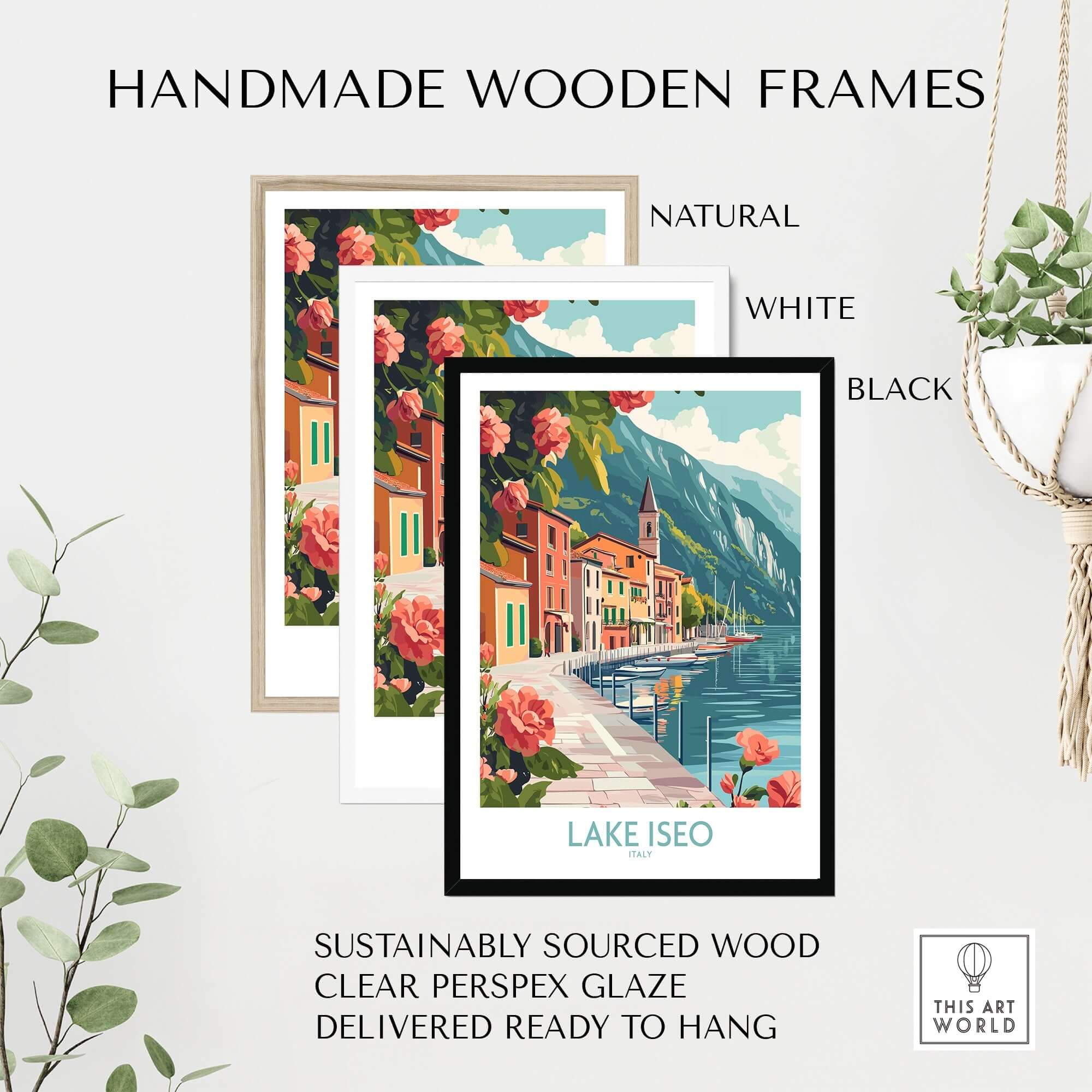 Handmade wooden frames showcasing the Lake Iseo Art Print Italy in natural, white, and black finishes.