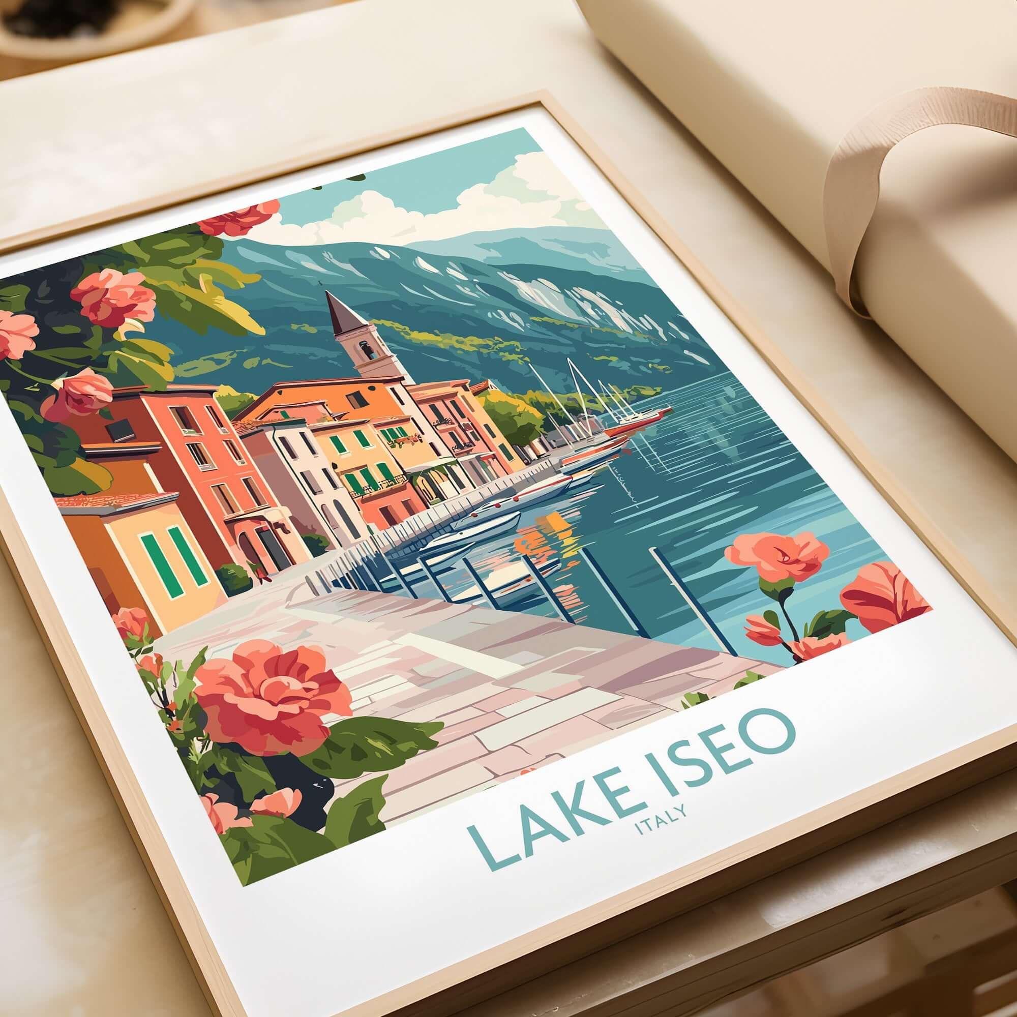 Lake Iseo Art Print Italy featuring vibrant flowers and a serene lakeside village.